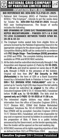 National Grid Company of Pakistan Faisalabad Tender Notice